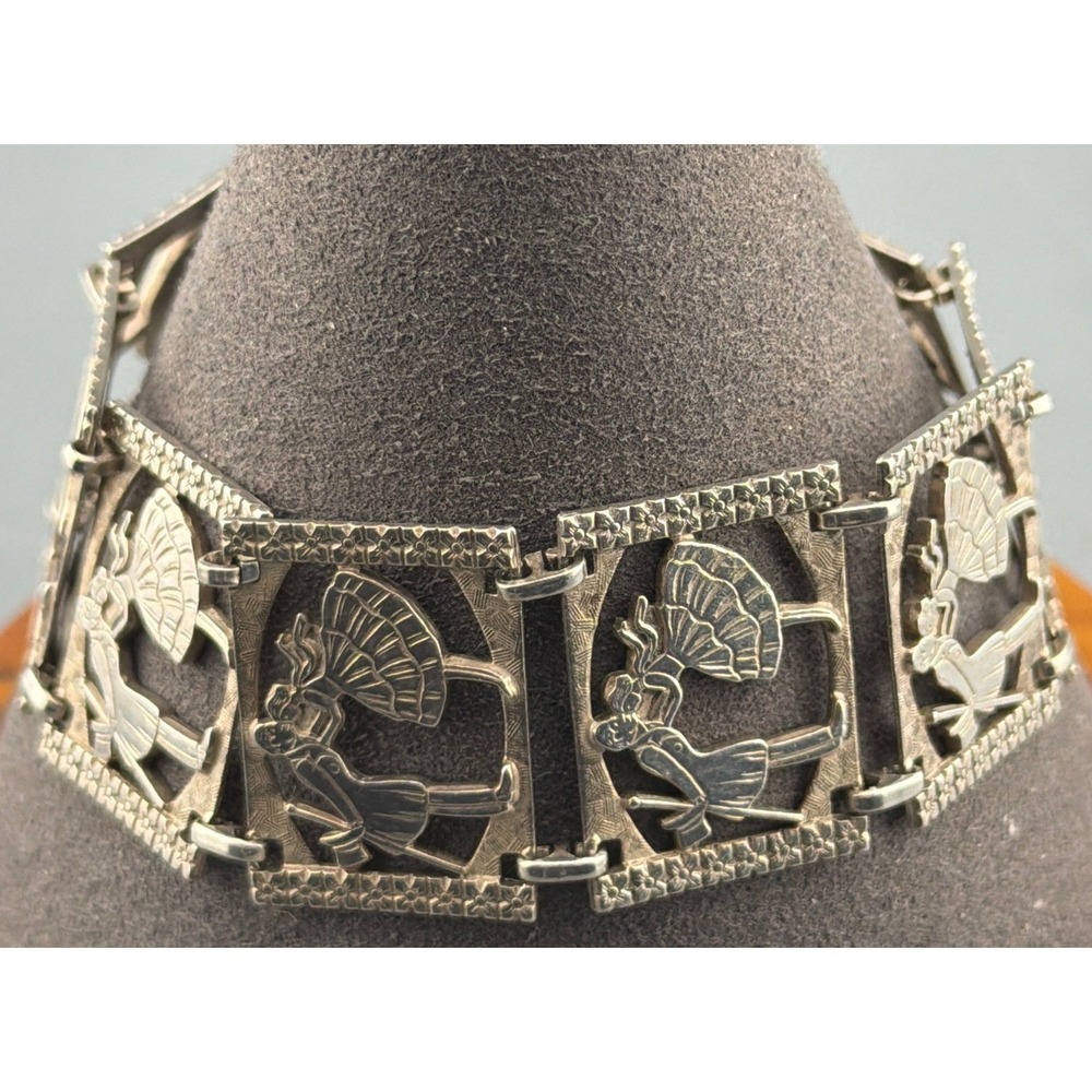Vintage Sterling Silver Panel Bracelet Kissing Courting Couple Romance 7 3/4"